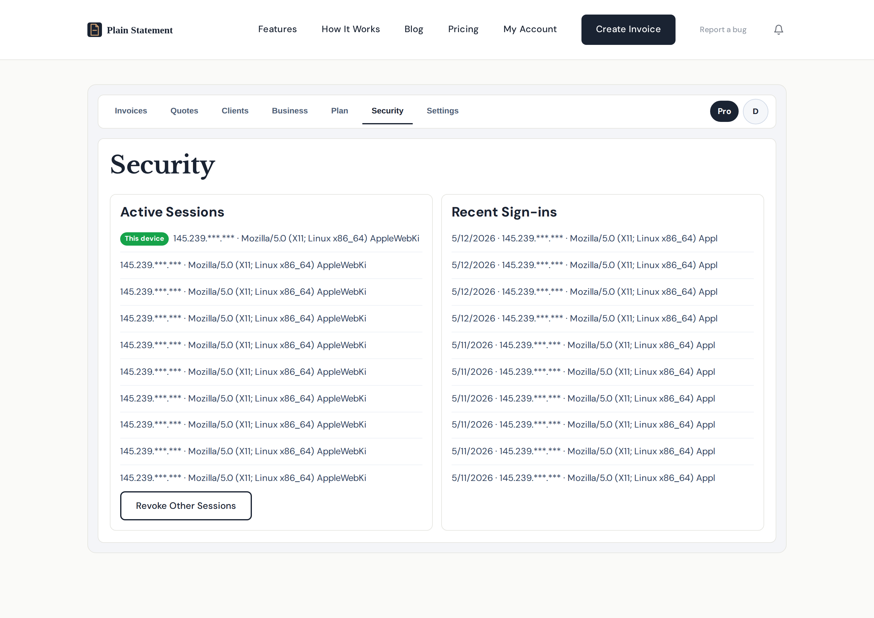 Plain Statement security tab listing active sessions with device, location, and last activity, plus a recent sign-in history table