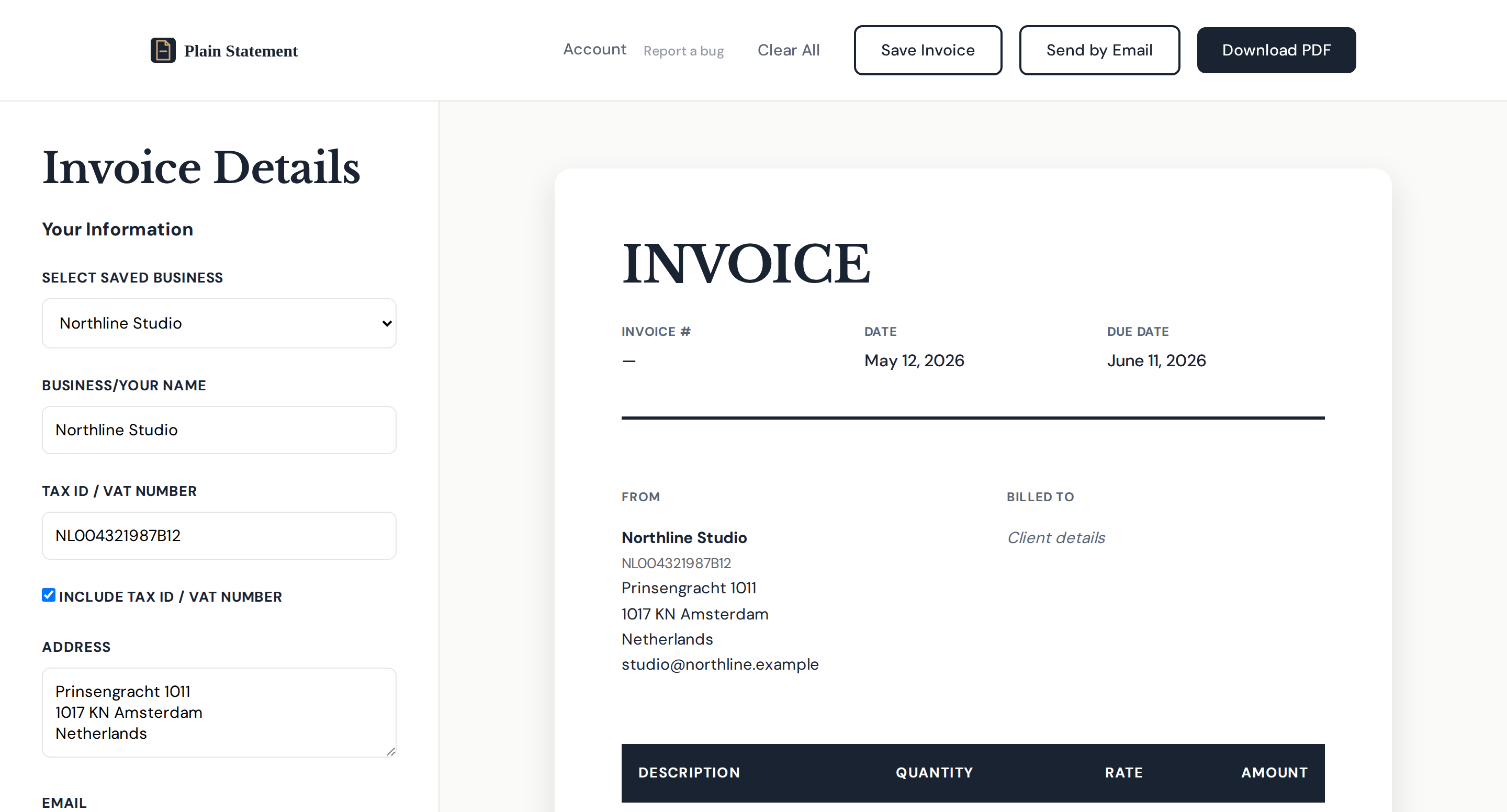 Plain Statement free invoice generator with live preview, no account required
